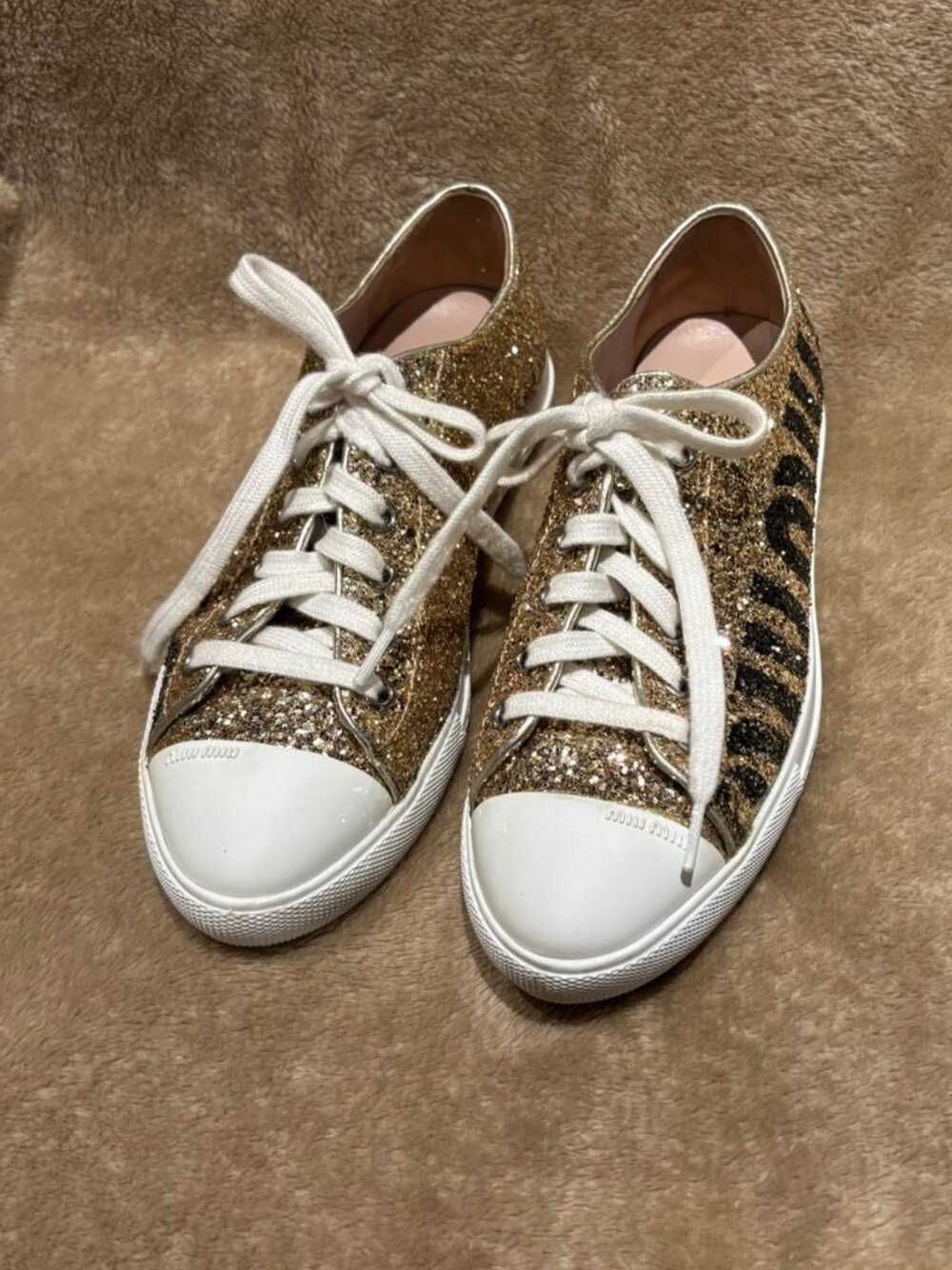 Miu Miu Metallic Gold Glitter Sneakers Shoes Women's sz 36 / US 6 made in Italy
